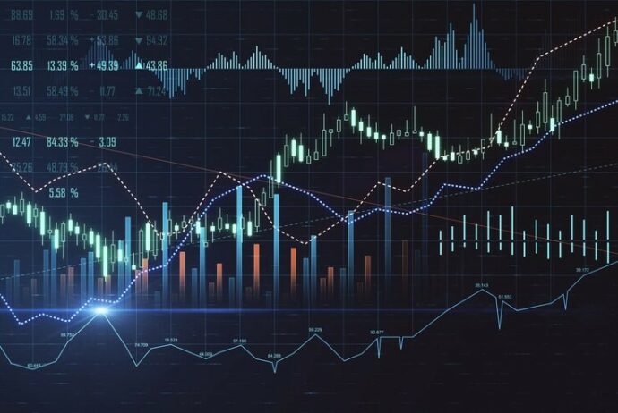 Stock Market Concept Digitaler Bildschirm mit Finanzcharts, Kerzendiagramm und Aktienindikatoren