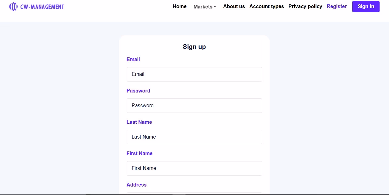 CW Management Registration Page
